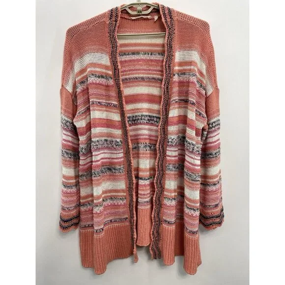 Soft Surroundings Cardigan Sweater Open Front Tunic Stripes Coral Pink Womens L - Picture 1 of 9